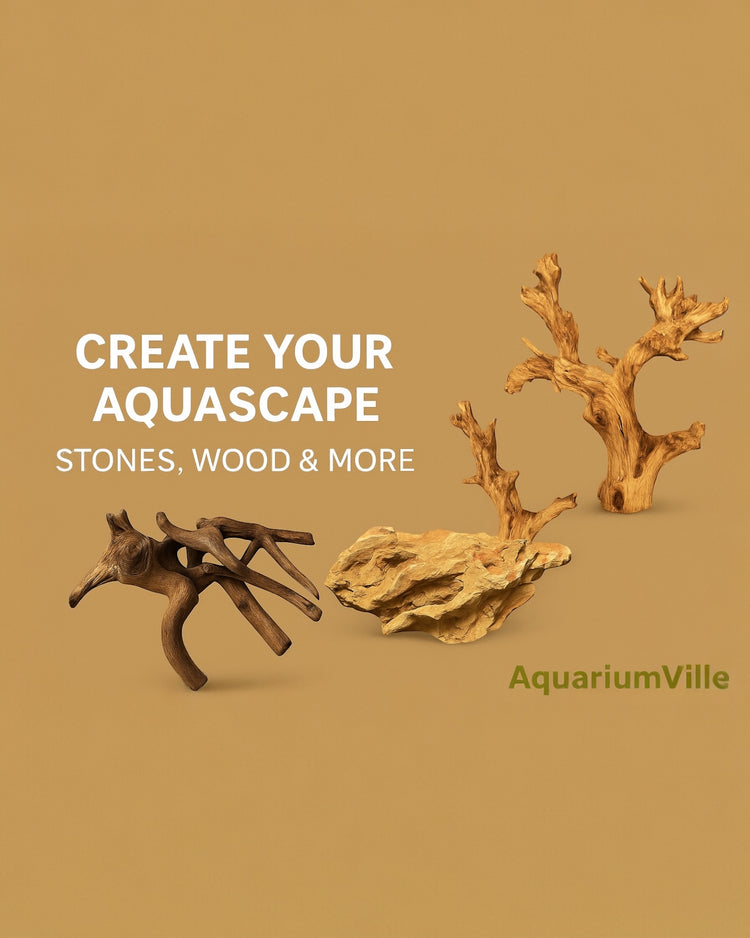 Promotional image for AquariumVille’s hardscape collection featuring natural driftwood and aquascaping stones on a warm tan background with text that reads ‘Create Your Aquascape – Stones, Wood & More’ and the AquariumVille logo at the bottom right.