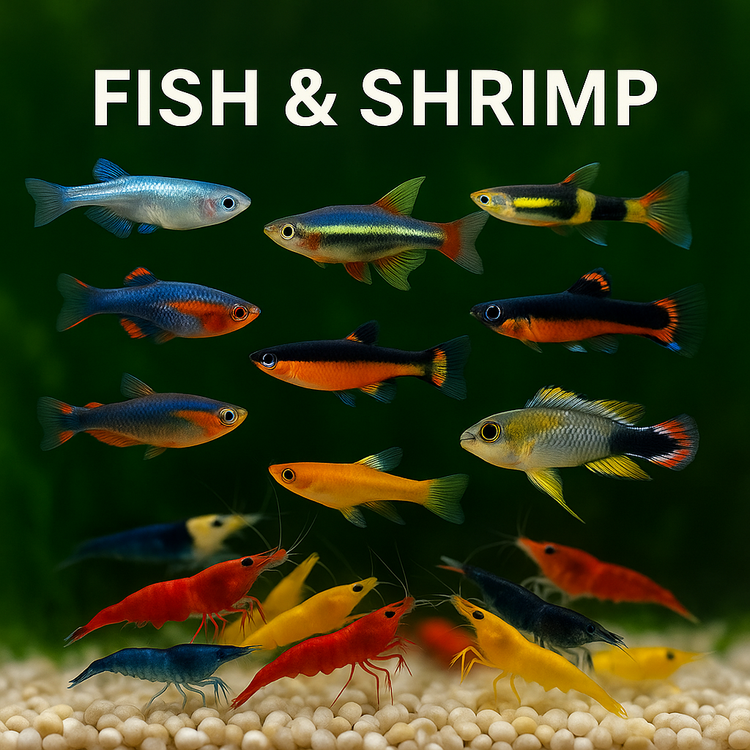Colorful freshwater nano fish and shrimp displayed against a lush green aquatic plant background, centered with clear spacing around the edges for safe cropping, perfect for an AquariumVille fish and shrimp collection hero image.