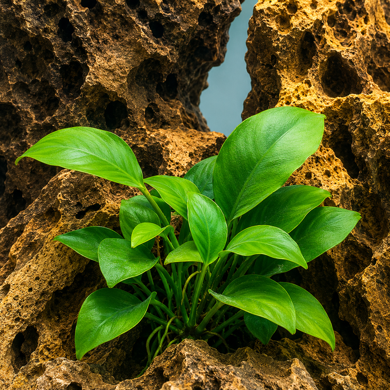 Healthy green Anubias plant nestled between porous dragon stone rocks in a planted freshwater aquarium, featuring glossy leaves and detailed natural hardscape.