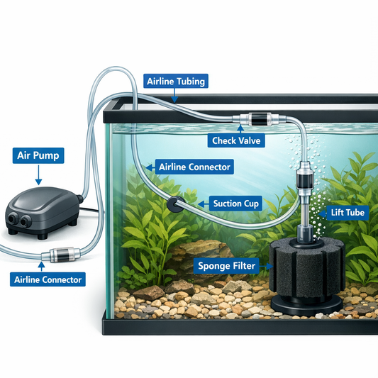 Labeled diagram showing aquarium airline tubing setup from an air pump to a sponge filter, including clear tubing, check valve, connectors, suction cup, lift tube, and sponge filter inside a planted aquarium with gravel substrate and rising bubbles.