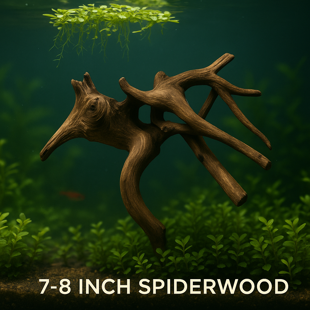 “Natural 7–8 inch Spiderwood driftwood displayed in a planted freshwater aquarium with green aquatic plants and floating greenery—ideal hardscape for aquascaping, nano tanks, shrimp tanks, and betta tank décor, with text reading ‘7–8 Inch Spiderwood.