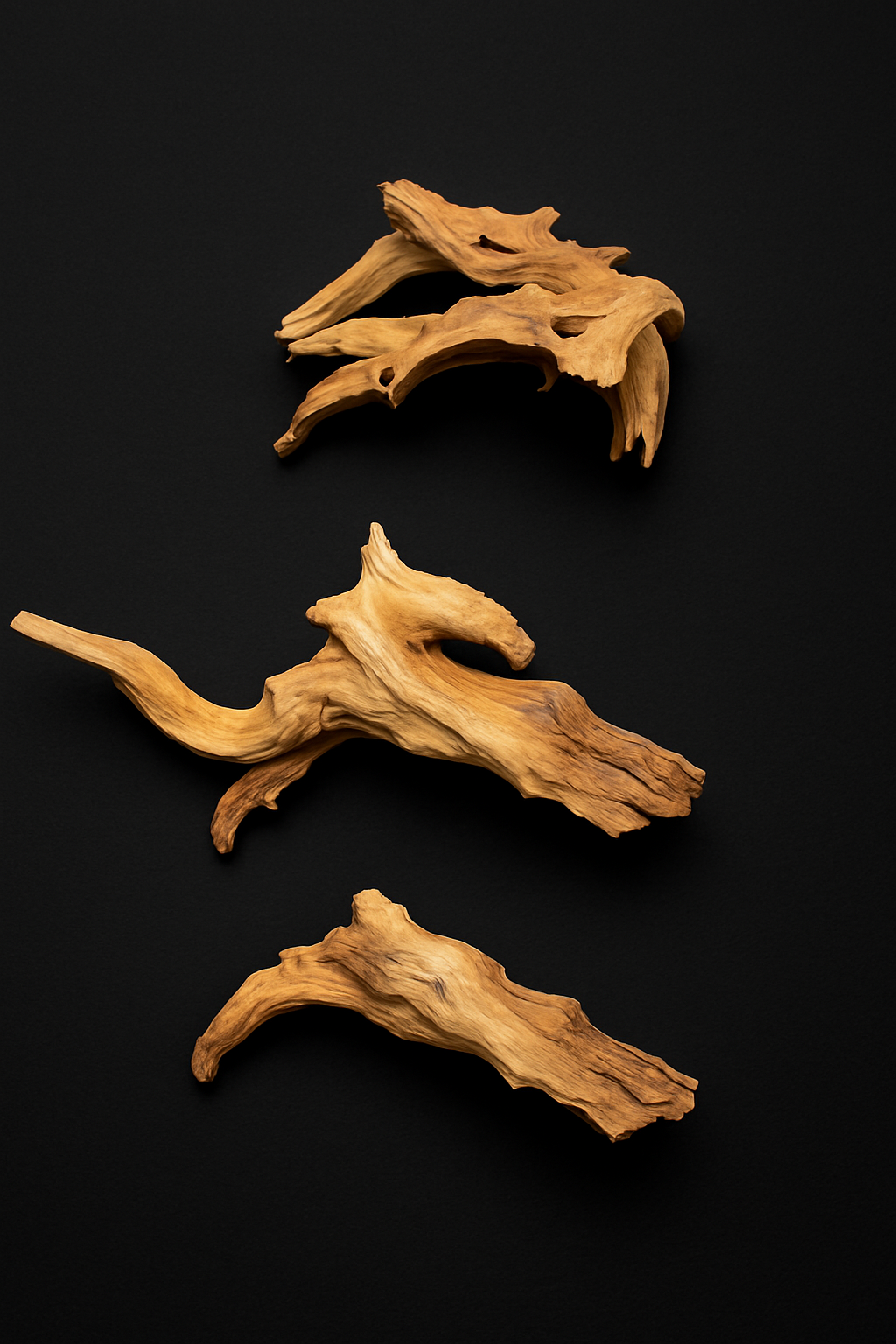Three pieces of light brown driftwood arranged on a clean, matte black background. Each piece has unique curves and textures, with natural shadows highlighting the rugged grain and organic shape of the wood.