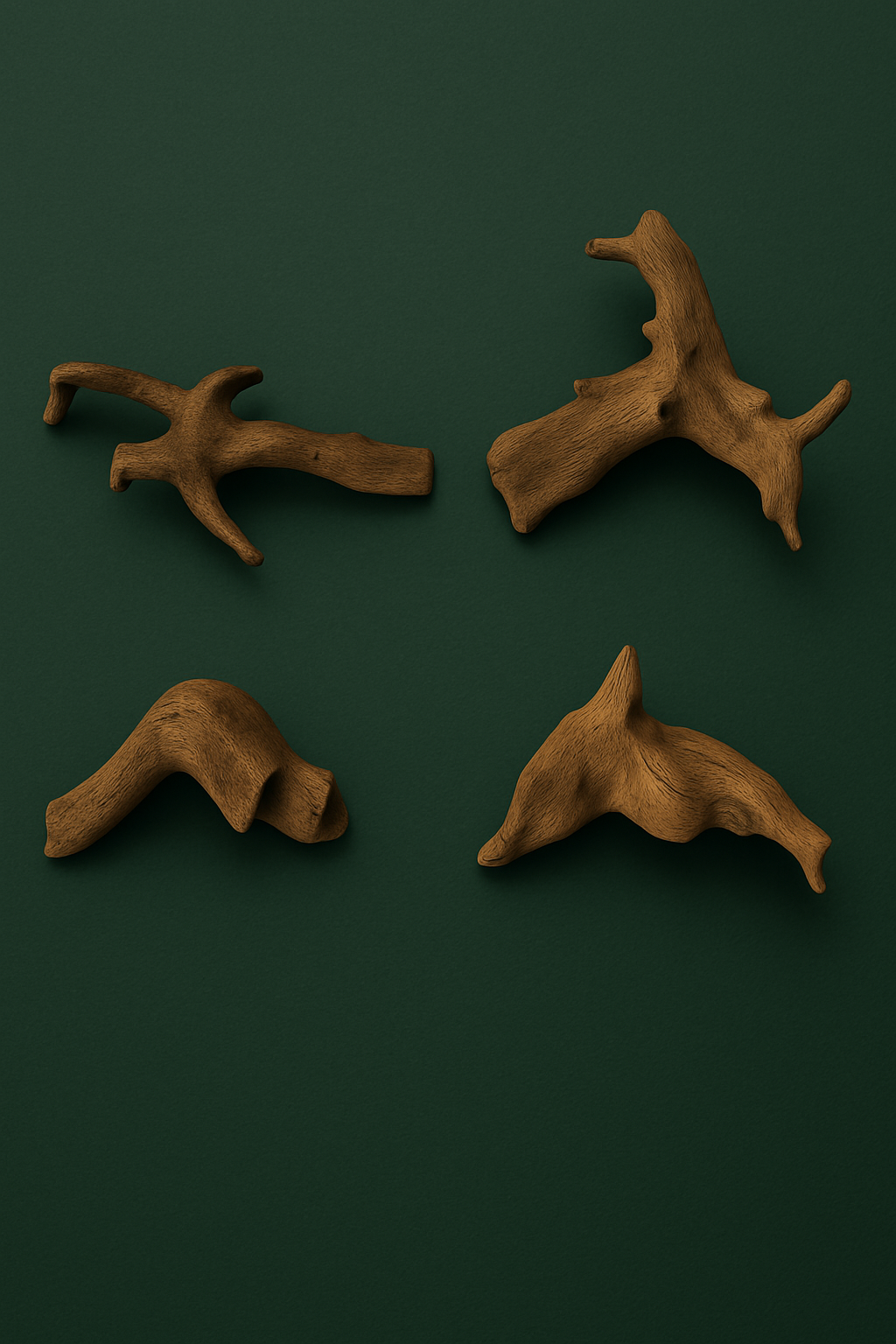 Four uniquely shaped pieces of brown driftwood arranged on a forest green matte background. Each wood piece features distinct curves, branches, and textures, creating a natural and organic display ideal for aquascaping or terrarium decor.