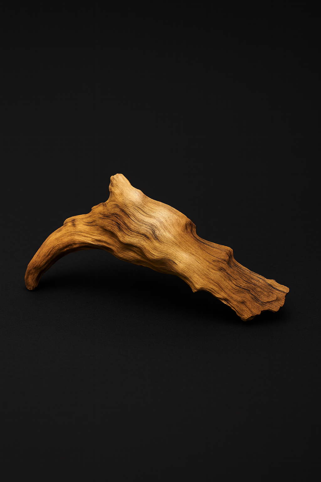 A single piece of 5–6 inch spiderwood displayed on a matte black background, showcasing its natural curves, rich golden-brown tones, and textured grain, ideal for aquascaping or terrarium use