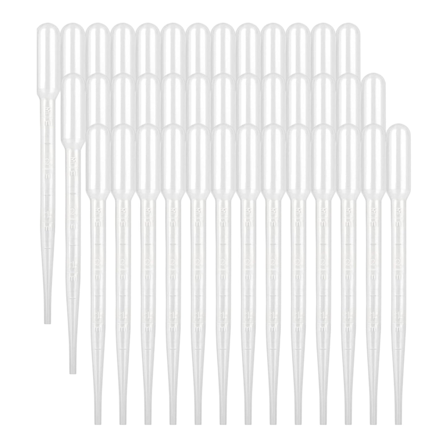 Set of 3 ml clear plastic graduated transfer pipettes arranged in rows, used for measuring and transferring liquids.