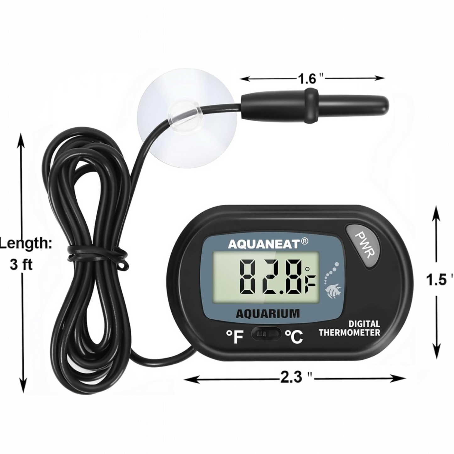 Digital aquarium thermometer with LCD display showing 82.8°F, labeled Aquaneat. Features a 3-foot cord with a 1.6-inch probe and suction cup, and compact display unit measuring 2.3 x 1.5 inches. Switches between Fahrenheit and Celsius.