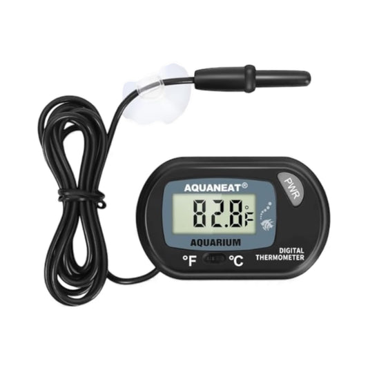 Aquaneat digital aquarium thermometer with LCD display reading 82.8°F, black probe on cord with suction cup for tank use.