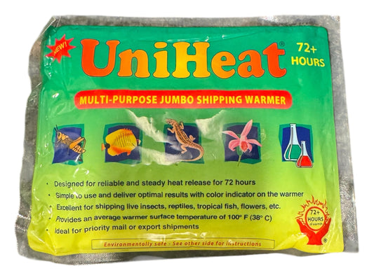 Green and gray multi-purpose jumbo shipping warmer with the text "UniHeat 72+ HOURS" and "MULTI-PURPOSE JUMBO SHIPPING WARMER". The warmer is designed to provide steady heat release for 72 hours and has a color indicator to show its effectiveness. It is ideal for shipping live insects, reptiles, tropical fish, flowers, and other items that require a consistent temperature.