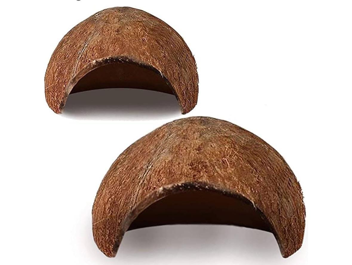 Two natural coconut shell caves for aquariums, shown on a white background, each with a hollow arch opening for fish or shrimp to hide in.