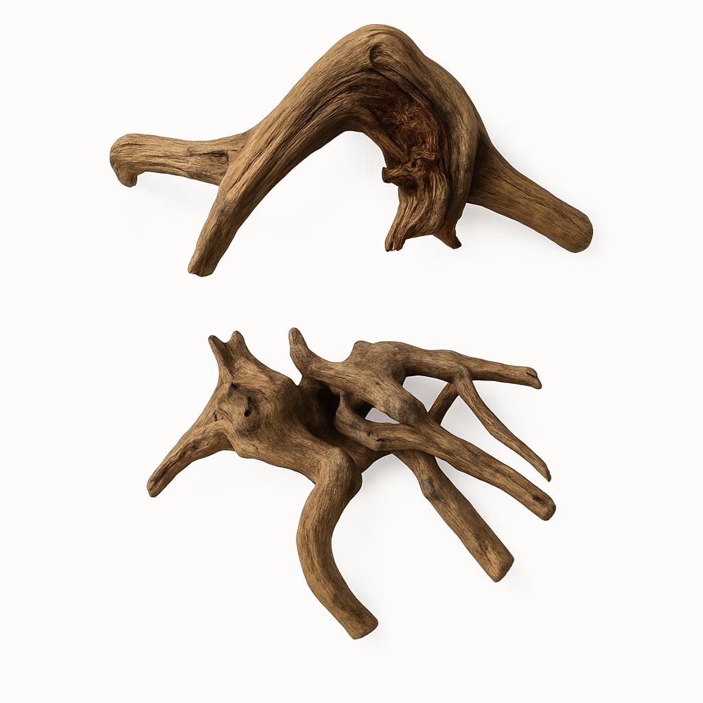 2 pieces of spider wood on white background for aquarium and reptile use