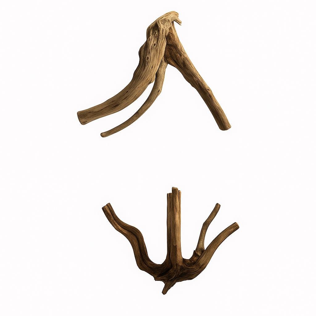 2 pieces of spider wood on white background