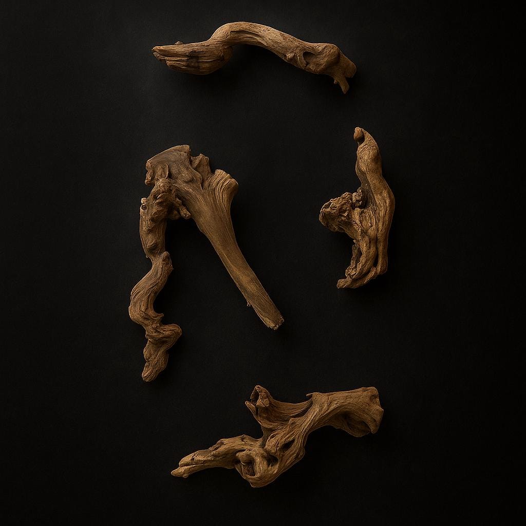 Mopani driftwood on black matte background