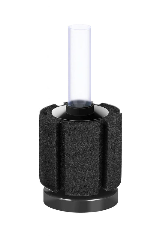 Single cylindrical aquarium sponge filter with a black foam body, round black plastic base, and clear plastic uplift tube, isolated on a white background.
