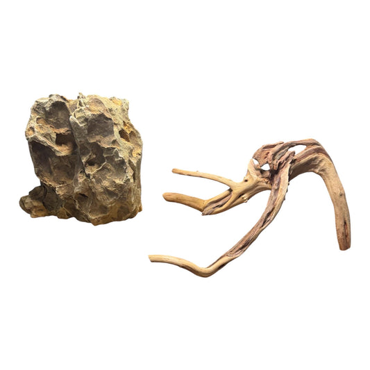 Dragon stone rock with rugged, textured surfaces in earthy brown and tan tones placed beside a piece of spiderwood driftwood featuring twisting, branched shapes and smooth natural grain, both displayed for aquarium aquascaping.
