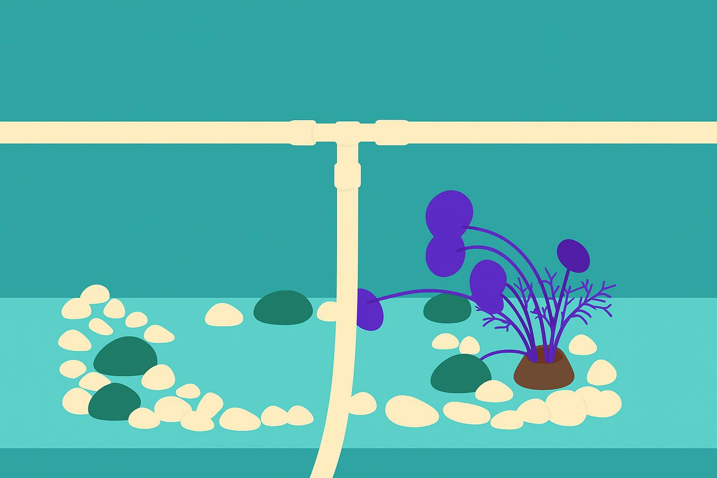 Minimalist aquarium illustration showing a beige T-shaped airline tubing connector attached to clear tubing, with decorative pebbles, green stones, and a purple aquatic plant on an ocean blue matte background in AquariumVille brand style.