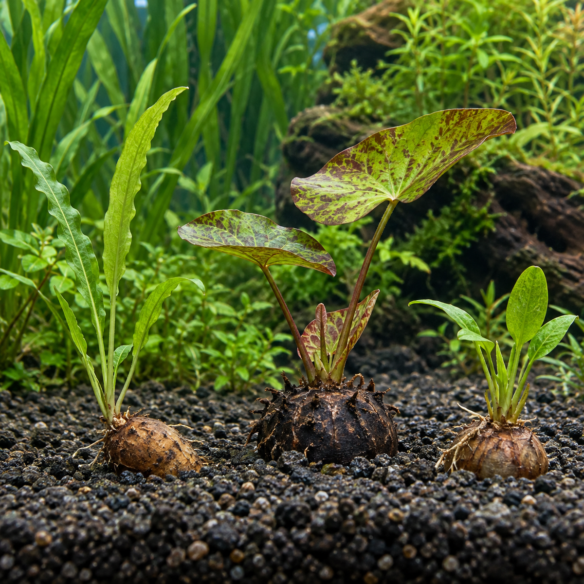 Aponogeton, tiger lotus, and dwarf lily bulbs with emerging leaves planted in dark aquarium gravel.