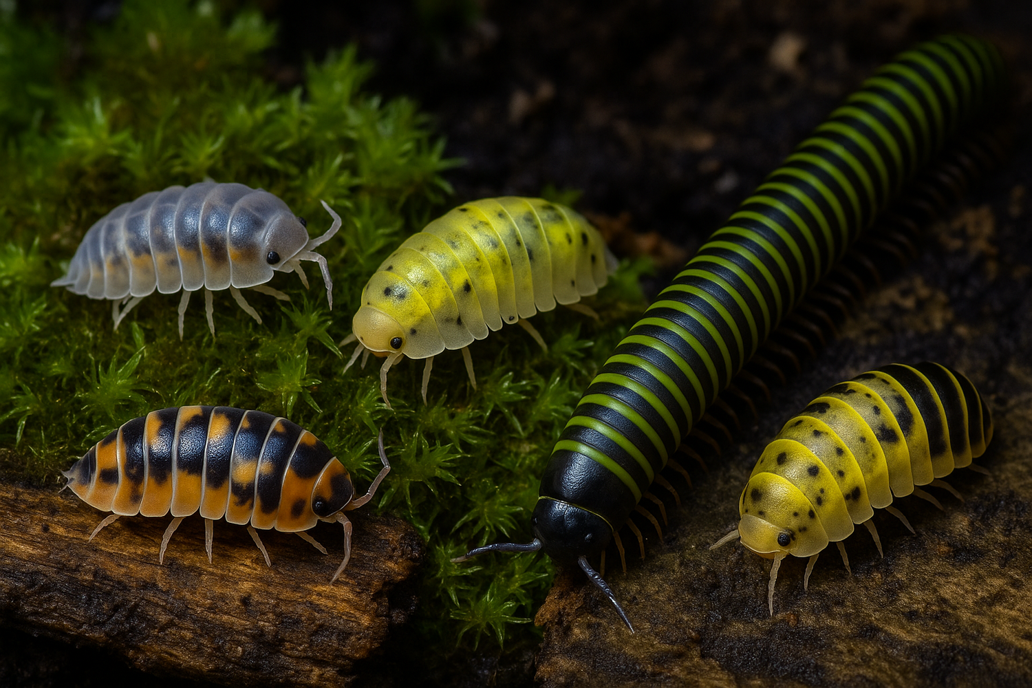 Close-up image of a variety of isopods and a millipede on moss, wood, and soil in a bioactive terrarium setting. The scene includes yellow, orange, and translucent isopods, perfect for showcasing live terrarium cleanup crew species.