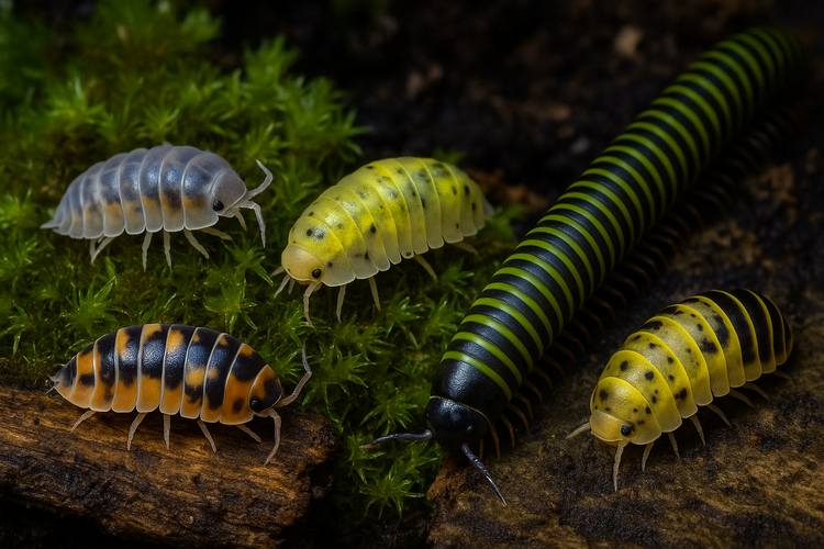 Close-up image of a variety of isopods and a millipede on moss, wood, and soil in a bioactive terrarium setting. The scene includes yellow, orange, and translucent isopods, perfect for showcasing live terrarium cleanup crew species.