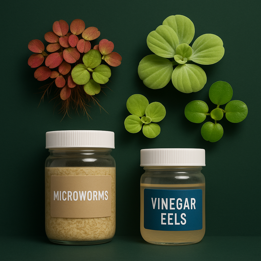 “Floating aquarium plants including Red Root Floaters, Water Lettuce, and Amazon Frogbit arranged above two labeled jars containing live fish food cultures: Microworms and Vinegar Eels, all displayed on a forest green matte background.”