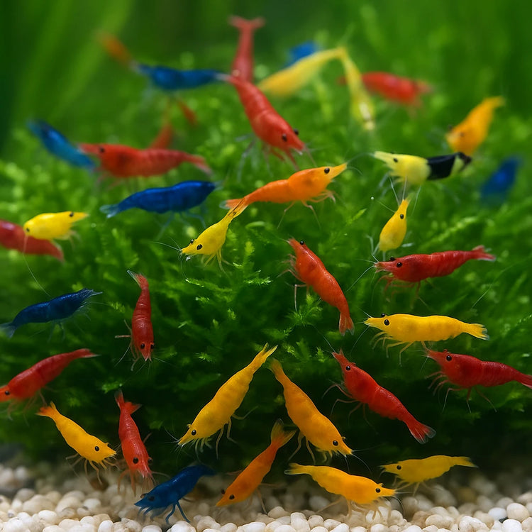A colorful group of freshwater shrimp—including red, yellow, orange, and blue varieties—gather on vibrant green aquatic moss inside a planted aquarium.