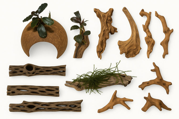 “A top-down view of assorted aquarium hardscape and decor pieces on a white background, including a coconut shell cave with attached plant, driftwood with live moss, various natural driftwood shapes, and several hollow cholla wood logs arranged neatly.”