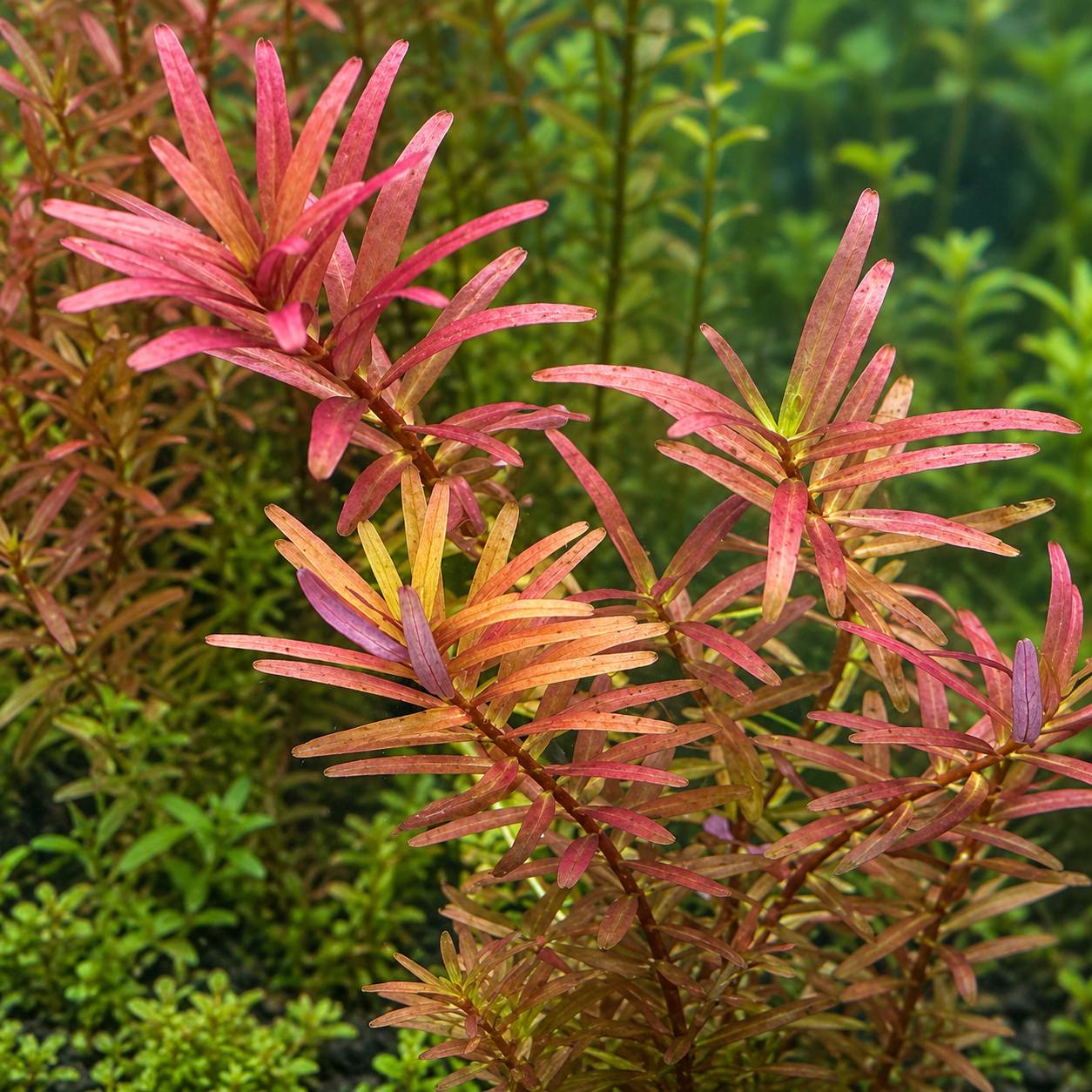     Close-up of Rotala H’ra aquarium plants with narrow pink, red and orange leaves against a green planted-tank background.