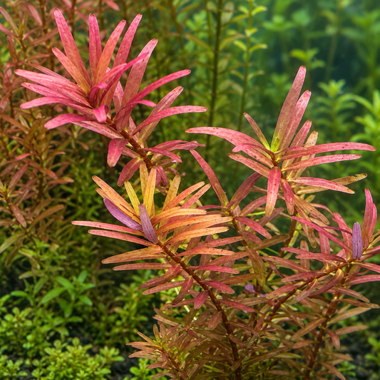     Close-up of Rotala H’ra aquarium plants with narrow pink, red and orange leaves against a green planted-tank background.