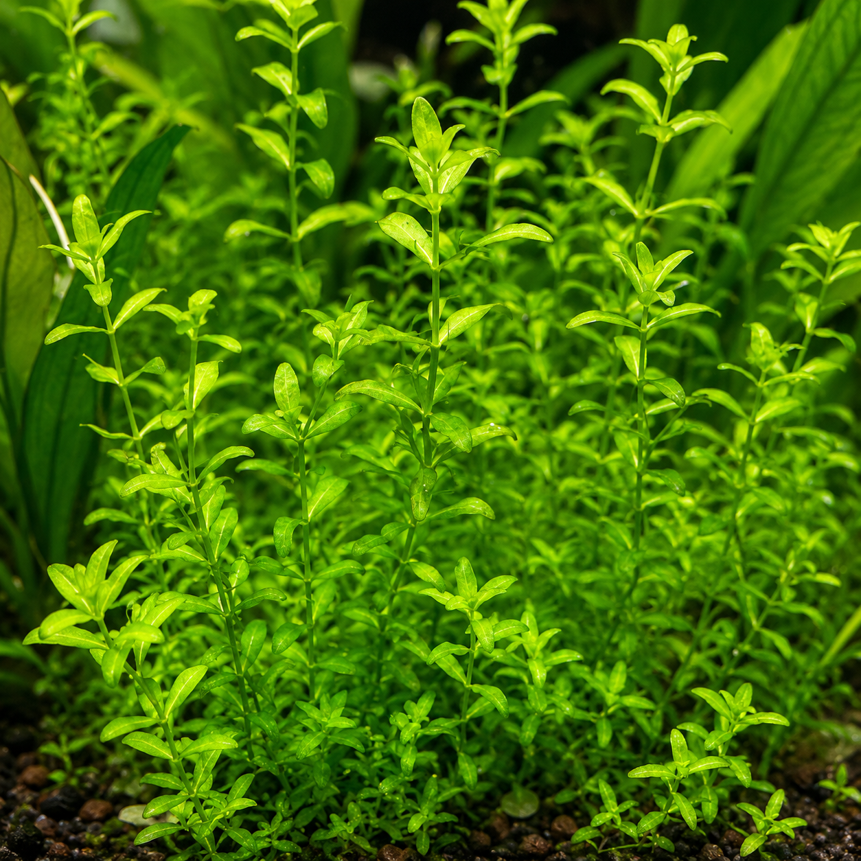 Dense Pearl Weed (Hemianthus micranthemoides) growing in a freshwater planted aquarium, featuring bright green stems and small oval leaves that create a lush, bushy background plant display.
