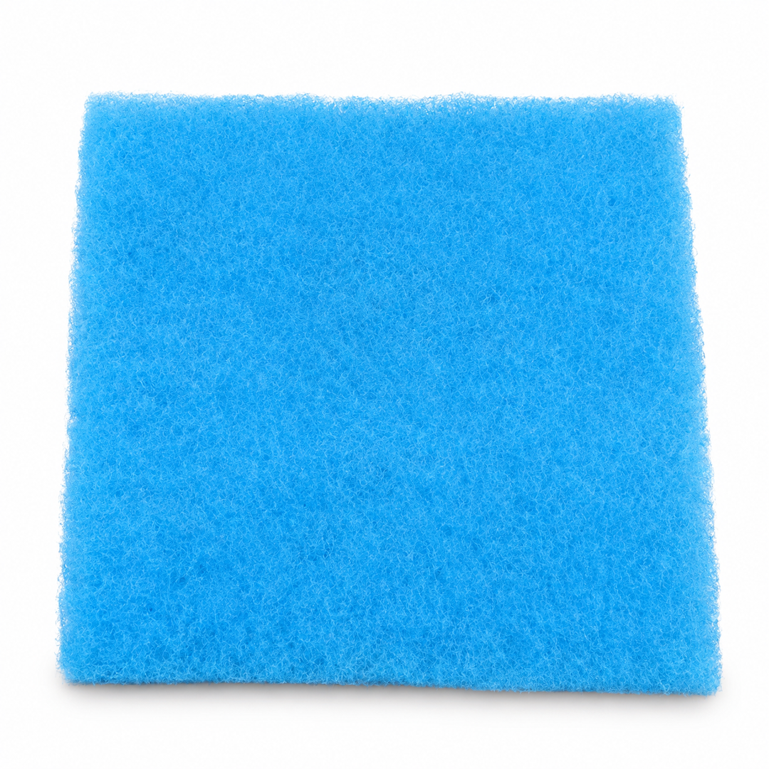 Blue aquarium filter floss pad centered on a white background.