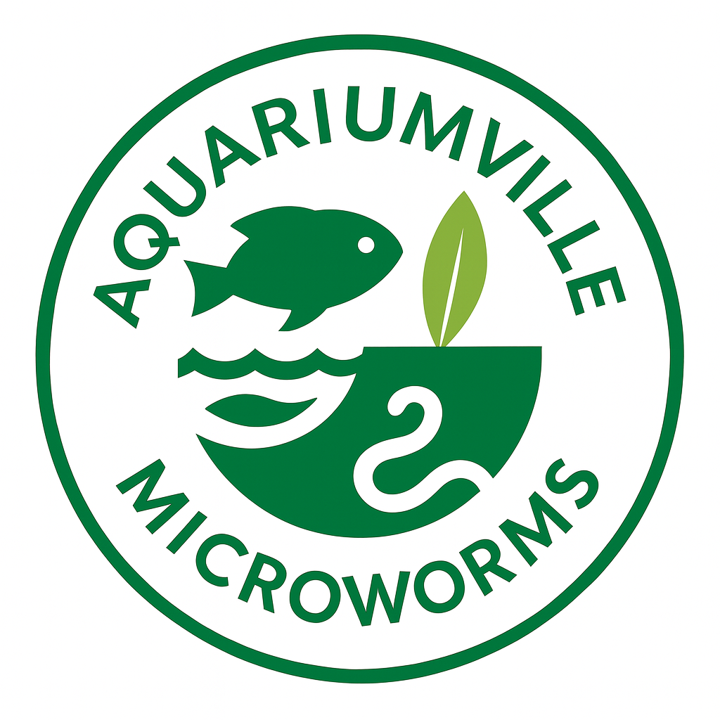 Circular green AquariumVille logo reading “Microworms,” featuring a stylized fish, water waves, a leaf, and a worm icon on a white background.