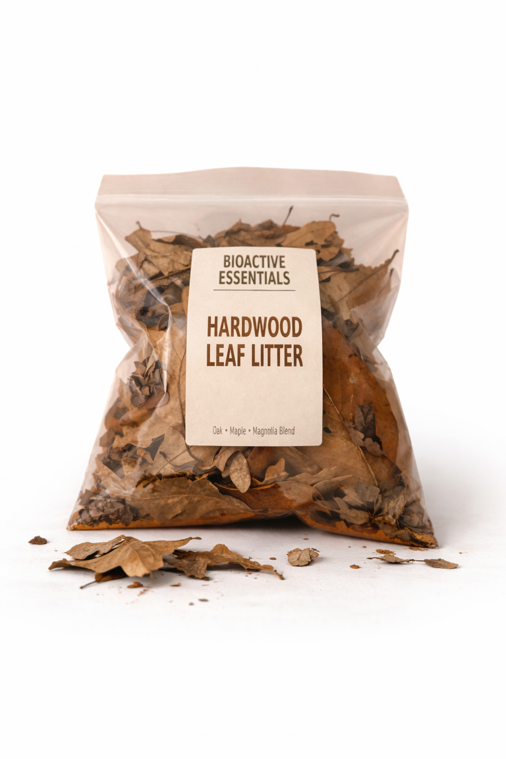 Bioactive Essentials Hardwood Leaf Litter in clear resealable bag on white background