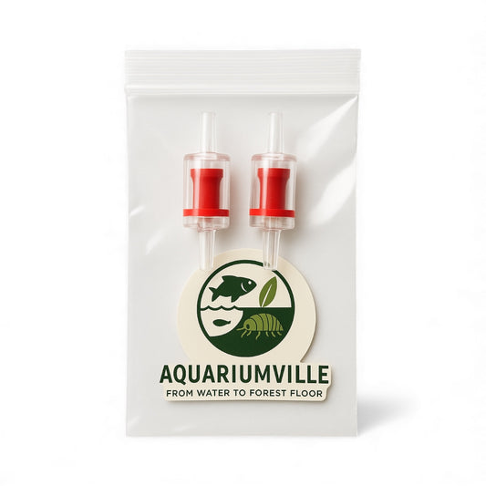 Two red and clear aquarium air pump check valves packaged in a clear bag with an Aquariumville logo card on a white background.