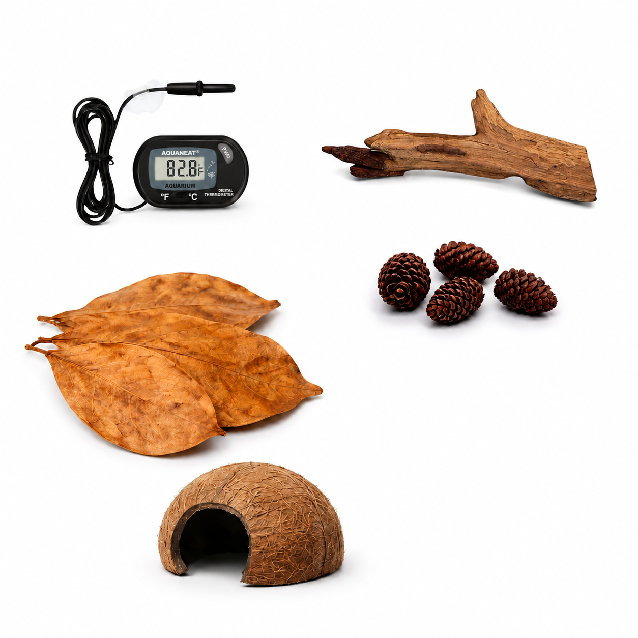 Betta aquarium enrichment bundle featuring natural driftwood, alder cones, Indian almond leaves, a coconut cave hide, and a digital thermometer, arranged on a clean white background. Ideal for betta fish aquariums and shrimp tanks.