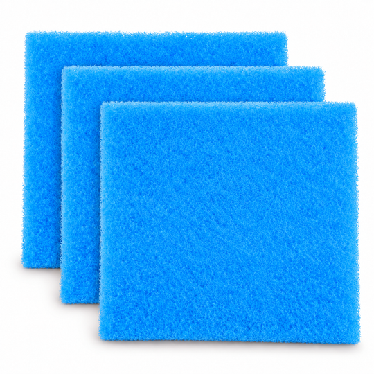 Three square blue textured aquarium filter floss pads arranged in a staggered stack on a plain white background.