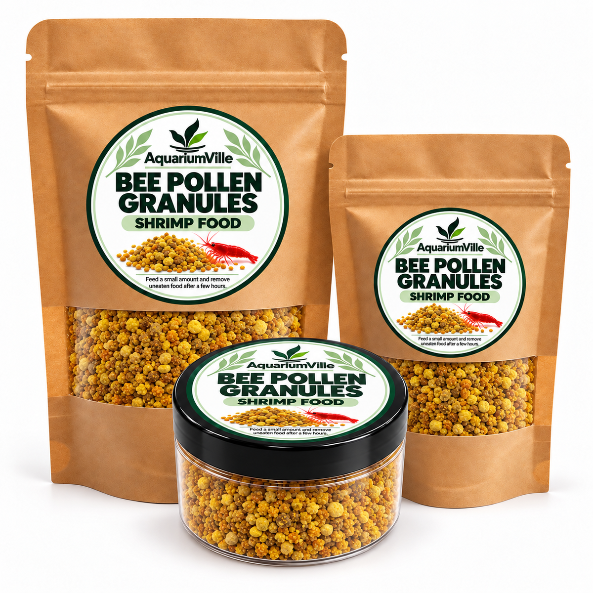 Three packages of AquariumVille Bee Pollen Granules Shrimp Food displayed on a white background: two large brown stand-up pouches and one clear jar with a black lid.