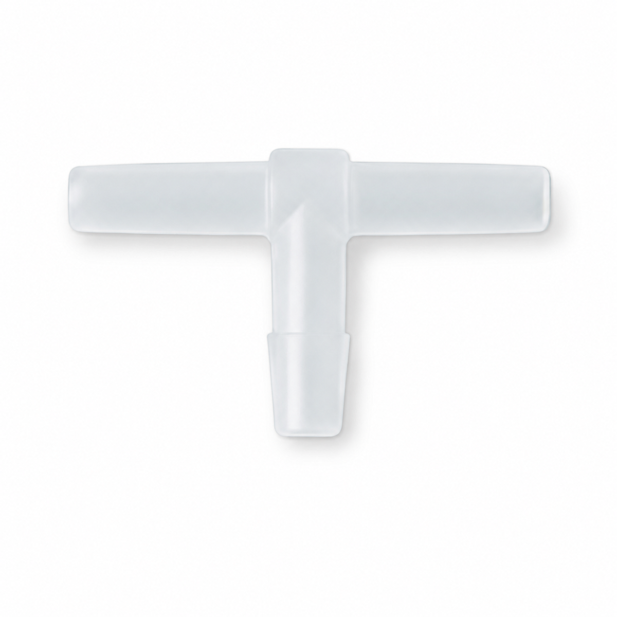 Translucent white plastic T-shaped aquarium airline tubing connector isolated on a clean white background.