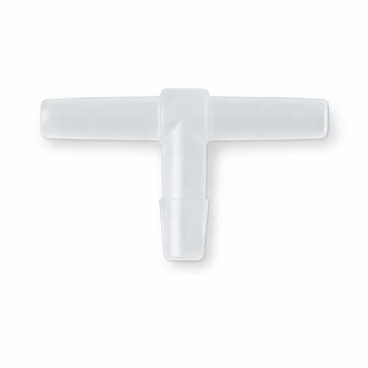 Translucent white plastic T-shaped aquarium airline tubing connector isolated on a clean white background.