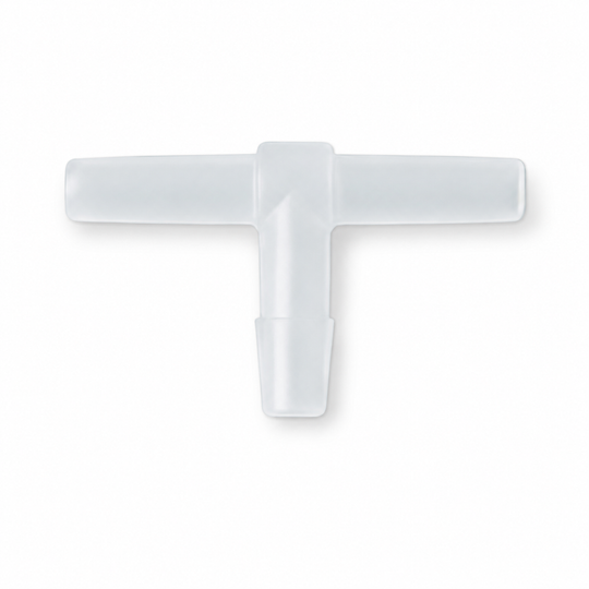 Translucent white plastic T-shaped aquarium airline tubing connector isolated on a clean white background.