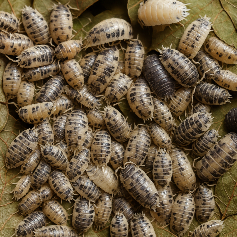Cluster of Porcellio laevis ‘Dairy Cow’ isopods on dried leaf litter, showing their cream-and-black banded pattern on a natural forest-floor background.