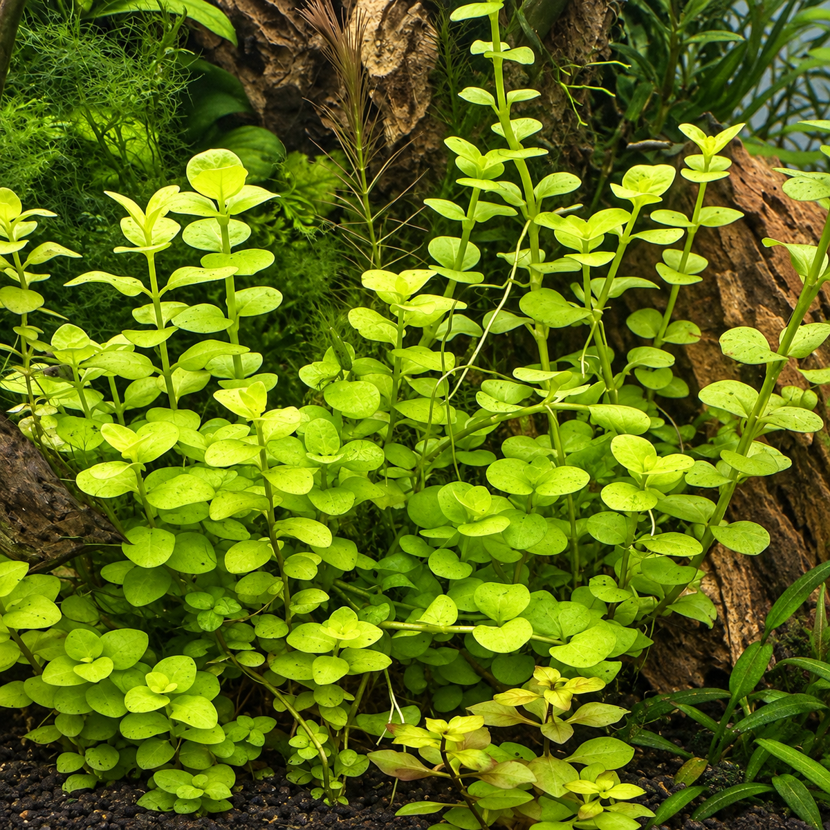 Golden Creeping Jenny aquarium plant with bright chartreuse round leaves growing on upright stems among natural driftwood.