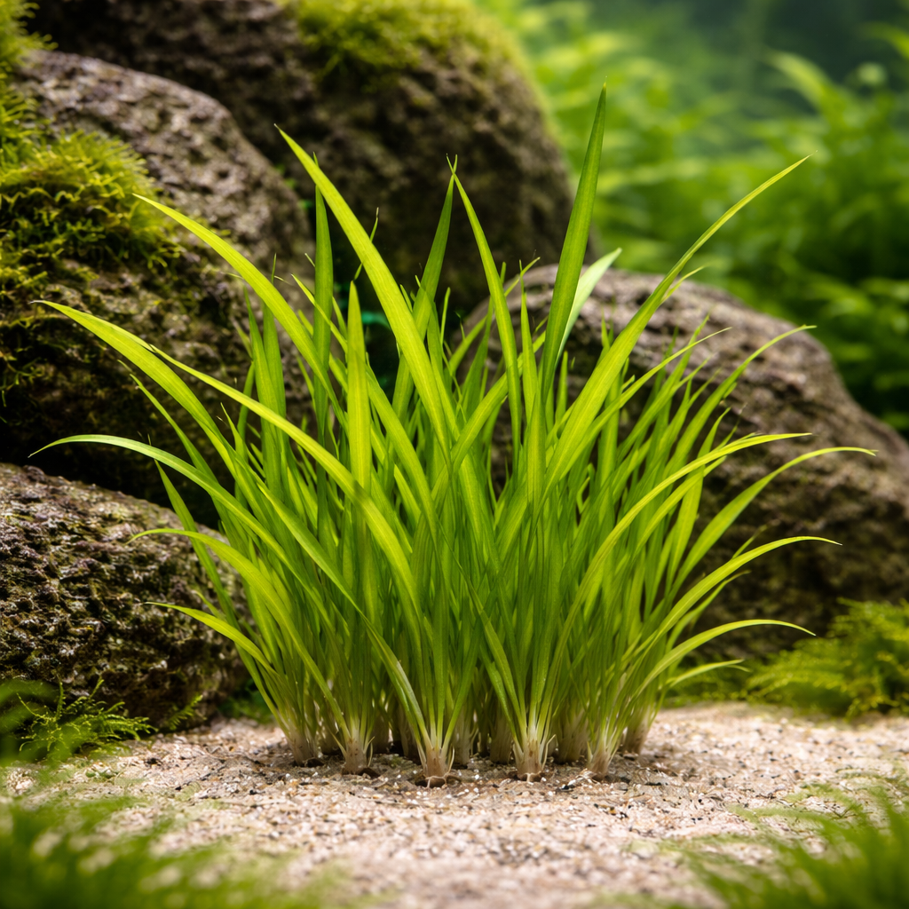 Dwarf Sagittaria Subulata live aquarium plant growing in substrate, dense green foreground carpet plant in freshwater tank
