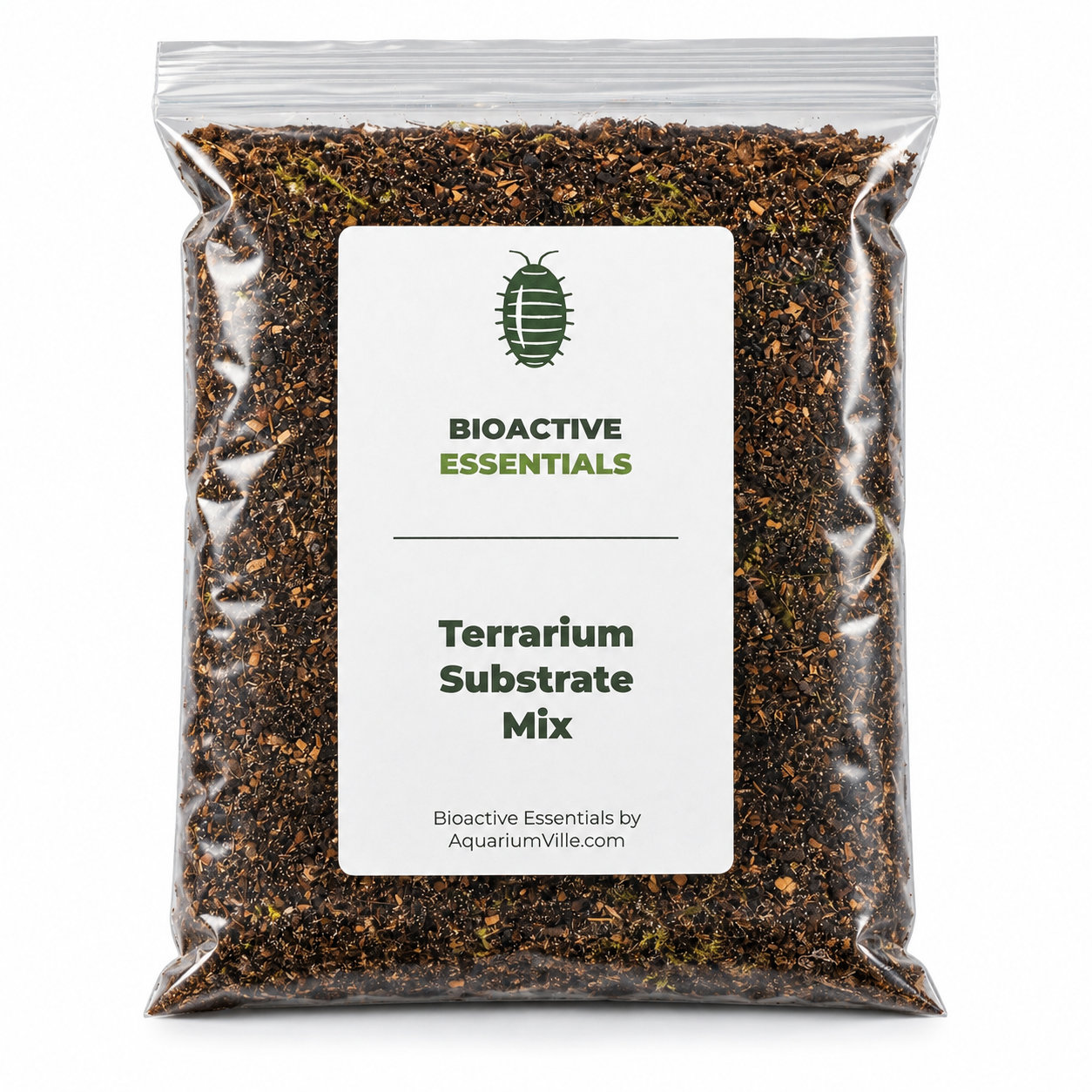 Bag of bioactive terrarium substrate mix containing soil, bark, moss, and organic matter for isopods, springtails, reptiles, amphibians, and planted vivariums.
