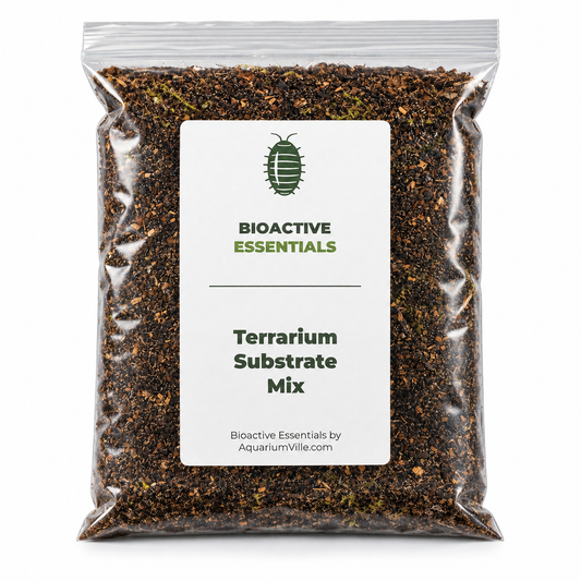 Bag of bioactive terrarium substrate mix containing soil, bark, moss, and organic matter for isopods, springtails, reptiles, amphibians, and planted vivariums.
