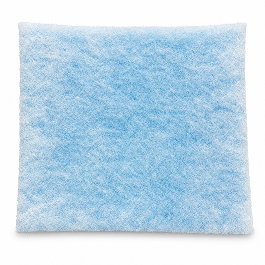     Pale blue-and-white reverse side of an aquarium filter floss pad on a white background.