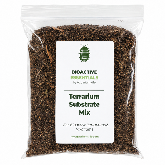Bag of bioactive terrarium substrate mix containing soil, bark, moss, and organic matter for isopods, springtails, reptiles, amphibians, and planted vivariums.
