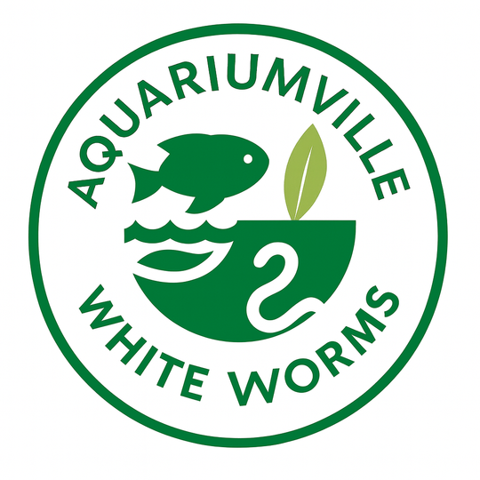Circular green AquariumVille logo reading “White Worms,” featuring a stylized fish, water waves, a leaf, and a worm icon on a white background.