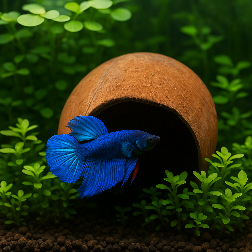 Blue betta fish in a coconut shell hiding among green plants