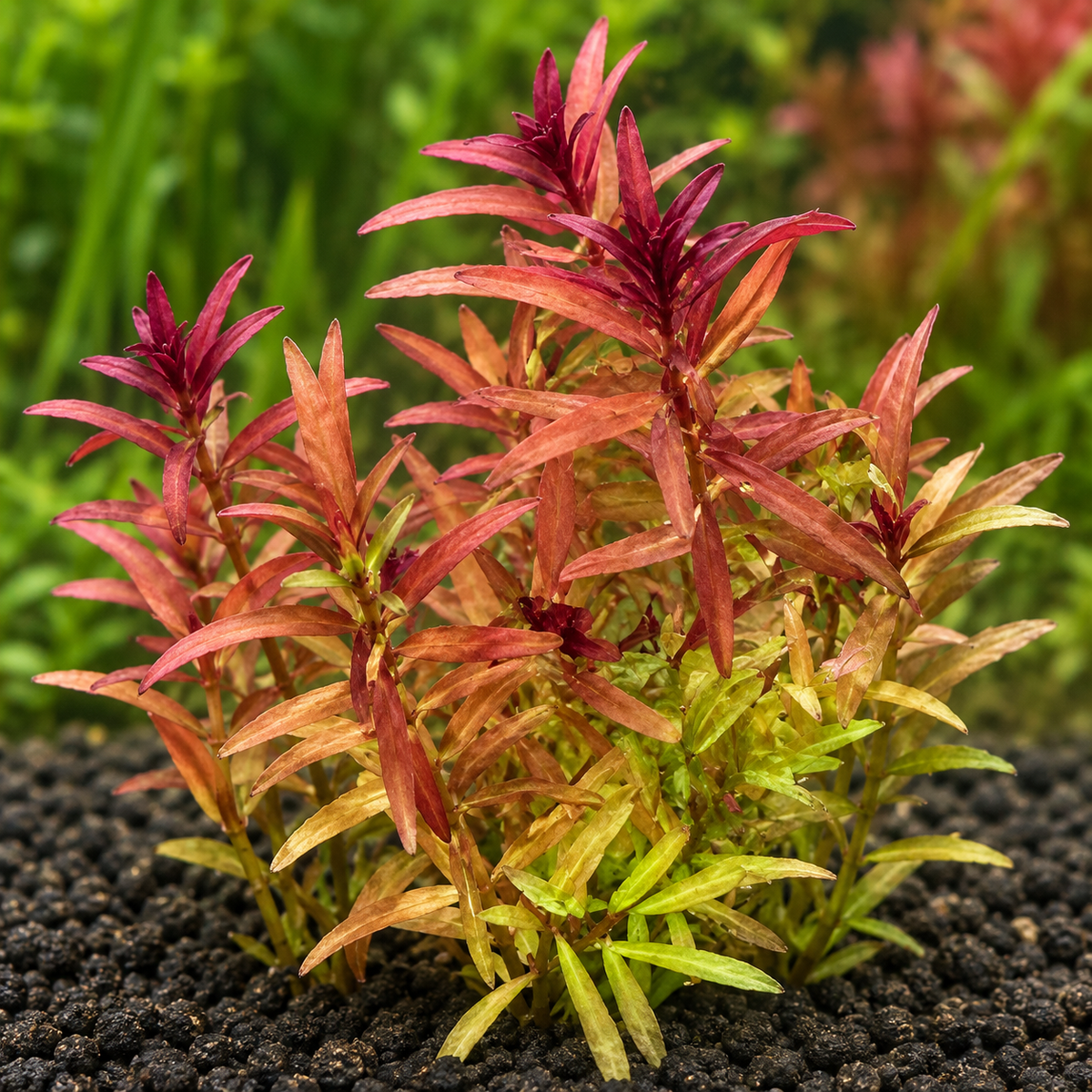     Rotala H’ra stems with red, copper and green leaves growing upright in dark aquarium substrate.