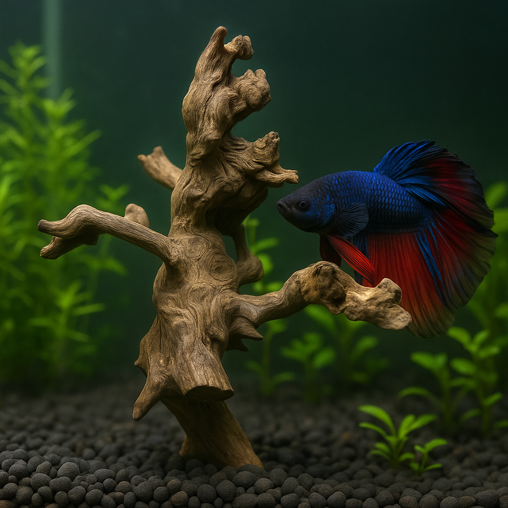 Blue and red betta fish swimming beside natural Mopani driftwood in a planted freshwater aquarium with dark substrate—ideal aquarium hardscape wood for betta tanks, shrimp tanks, and planted setups.