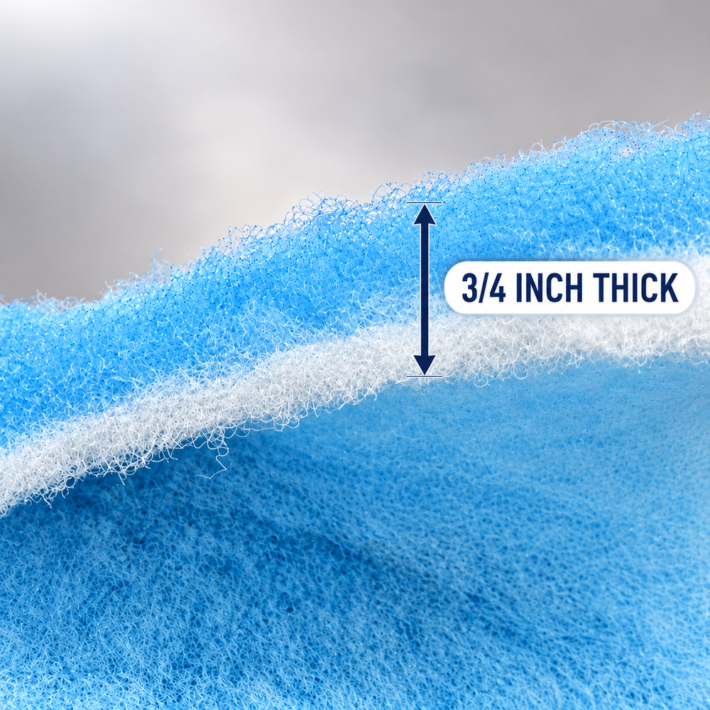     Close-up of blue-and-white aquarium filter floss with a graphic showing its 3/4-inch thickness.